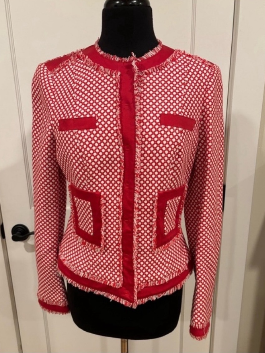 Worth New Snap Front Jacket Blazer Red White Womens 4 Tailored Luxury Office